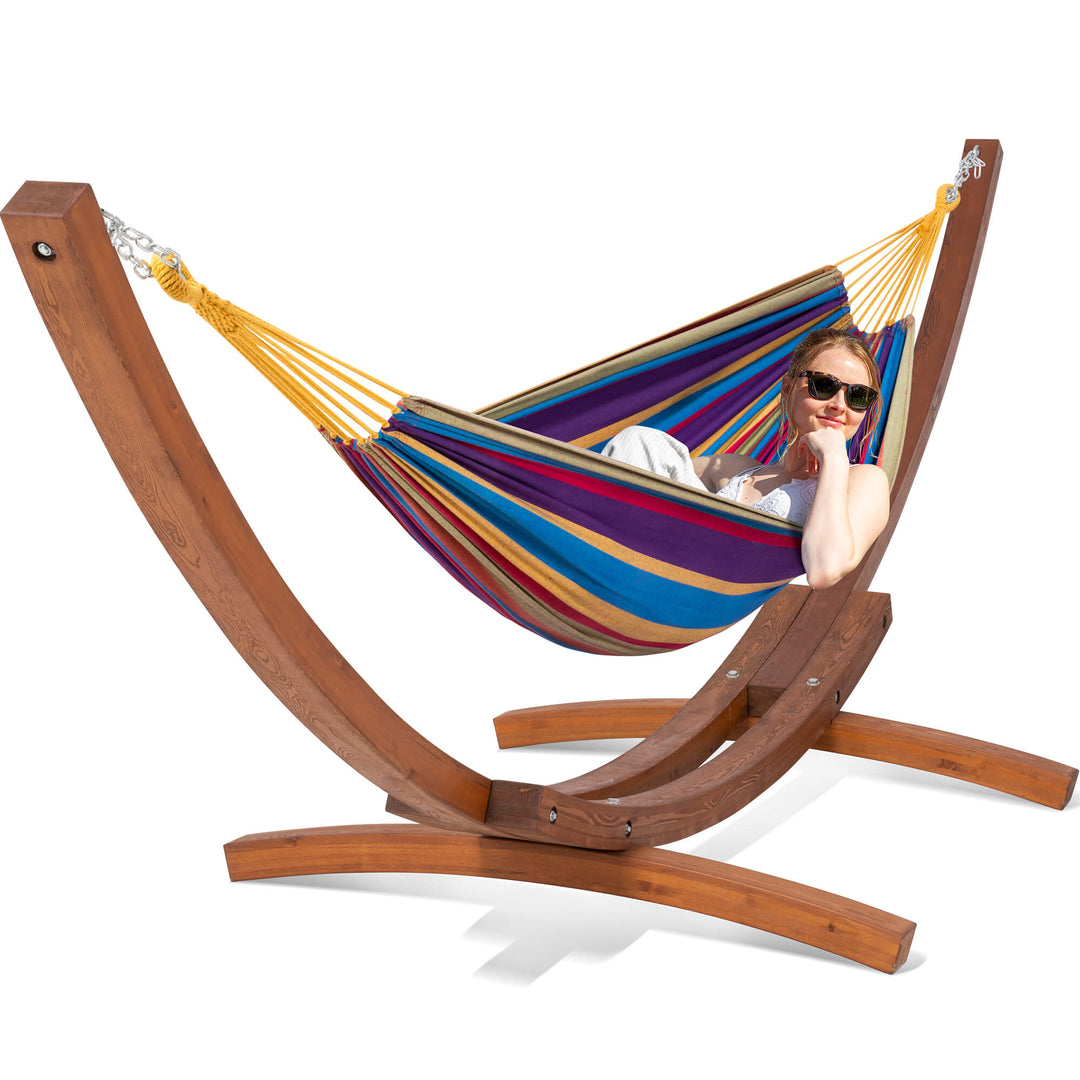 hammock with wood stand#color_colorful-stripes