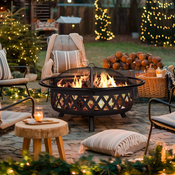 Outdoor Bonfire Wood Burning Fire Pit with Grill and Fireplace Poker#size_42inch-1
