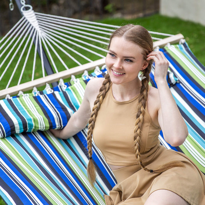 SUNCREAT Quilted Fabric Hammock, Green Stripes#color_blue-aqua