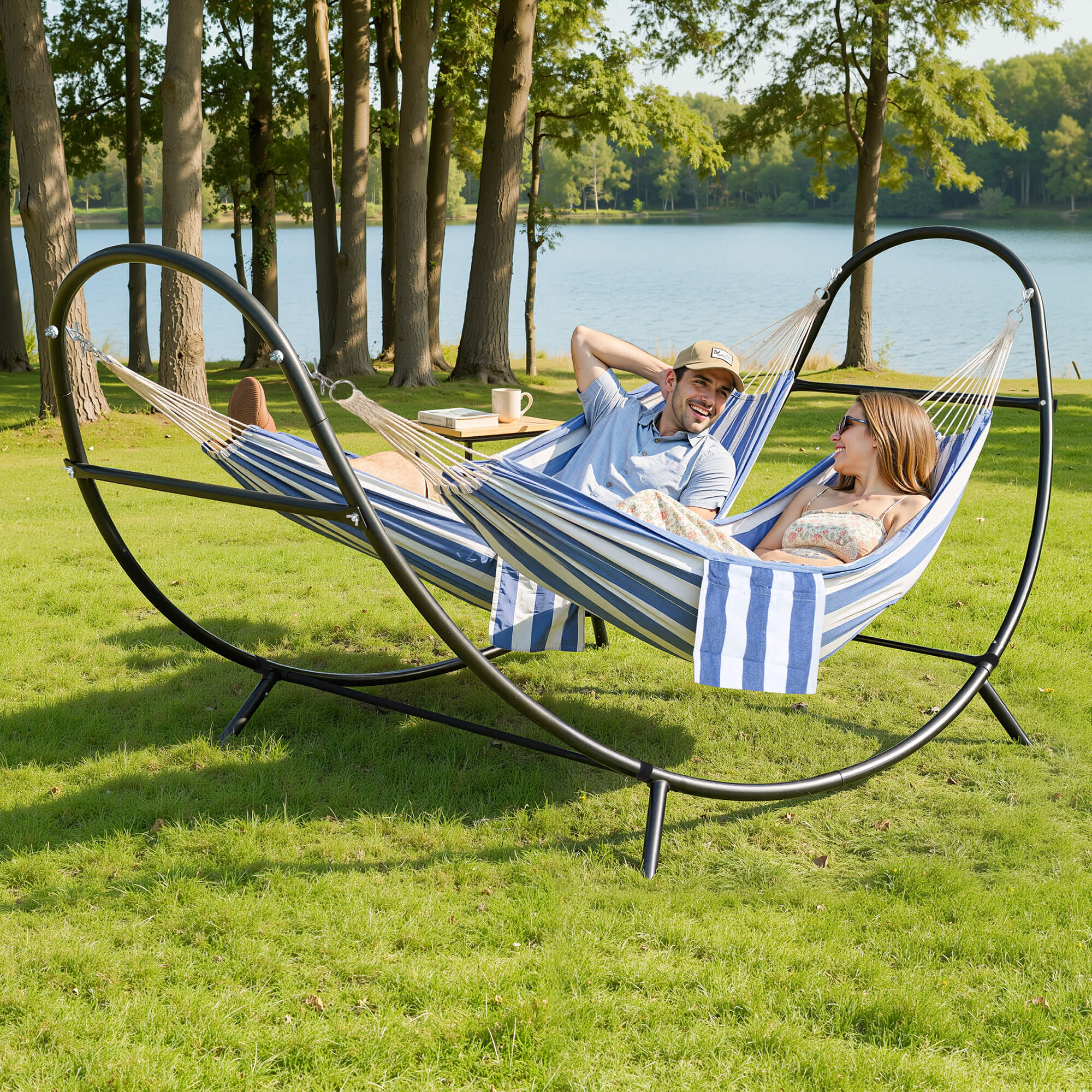 2 Person hammock with stand#color_blue-white-stripes