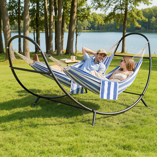 2 Person hammock with stand#color_blue-white-stripes