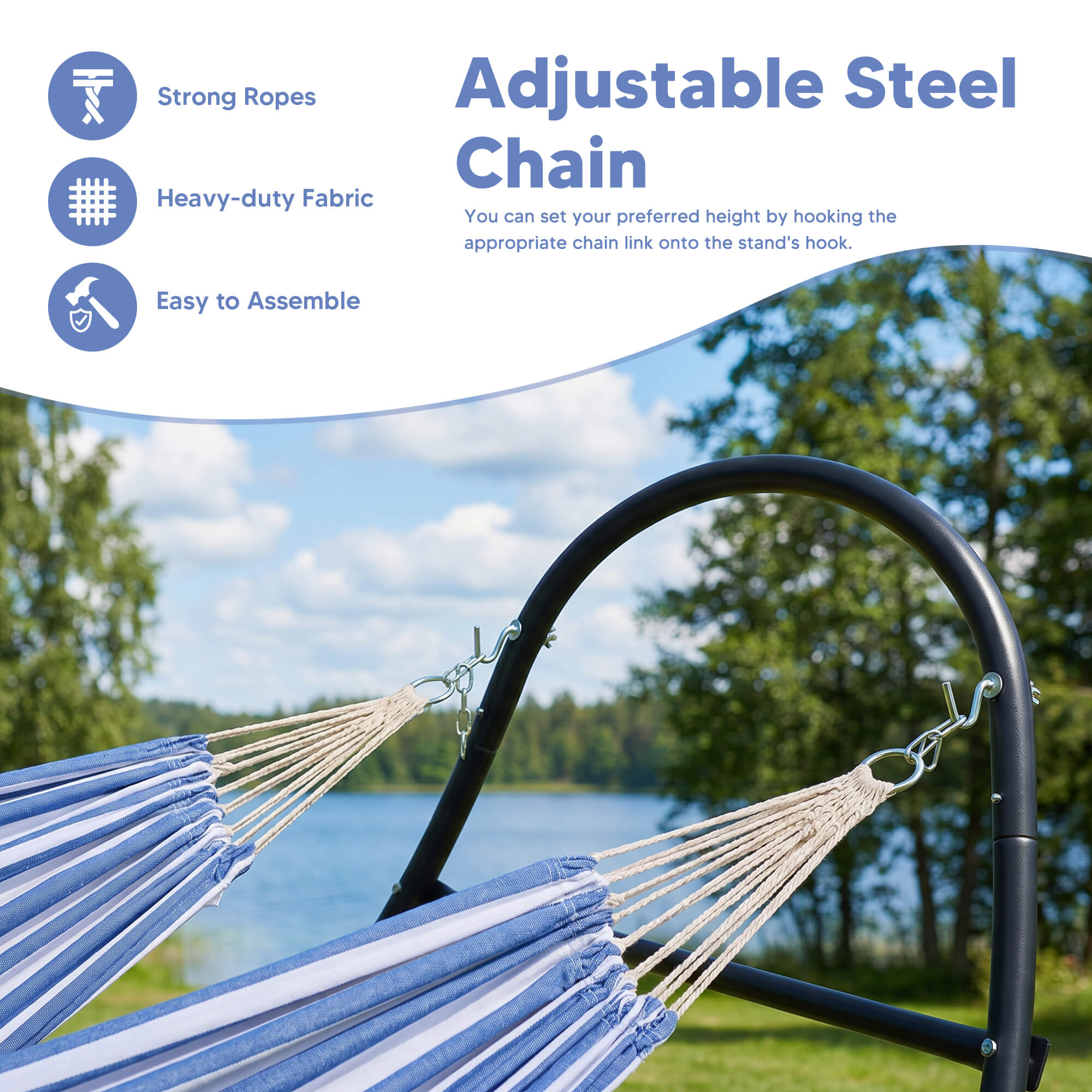 2 Person hammock with stand#color_blue-white-stripes