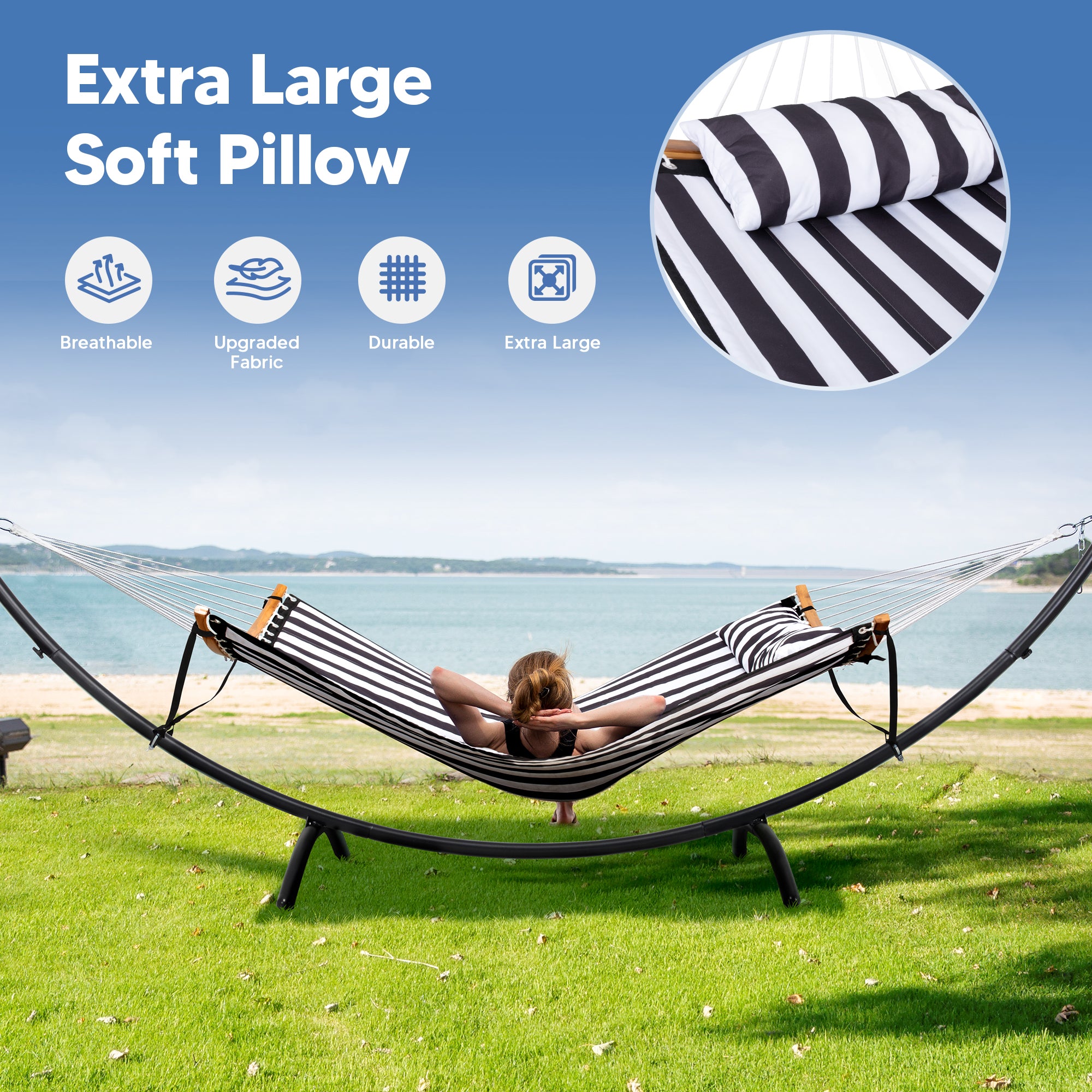 portable hammock with stand#color_black-stripes