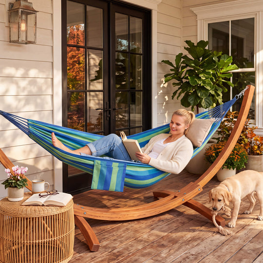 hammock with wooden stand#color_blue-stripe