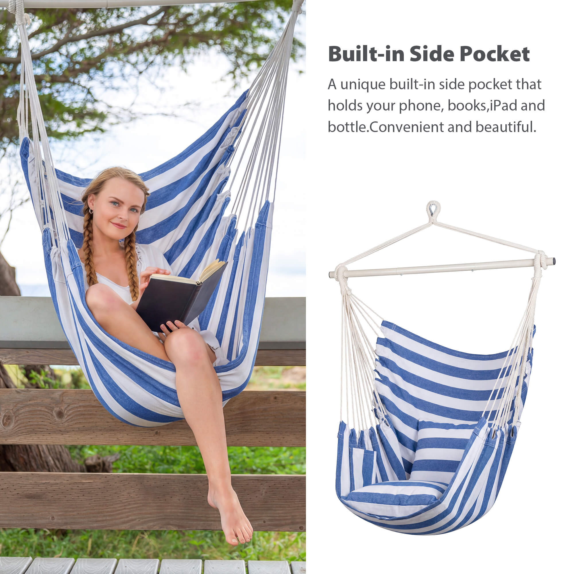 SUNCREAT Hammock Chair White#color_blue-white-Stripes