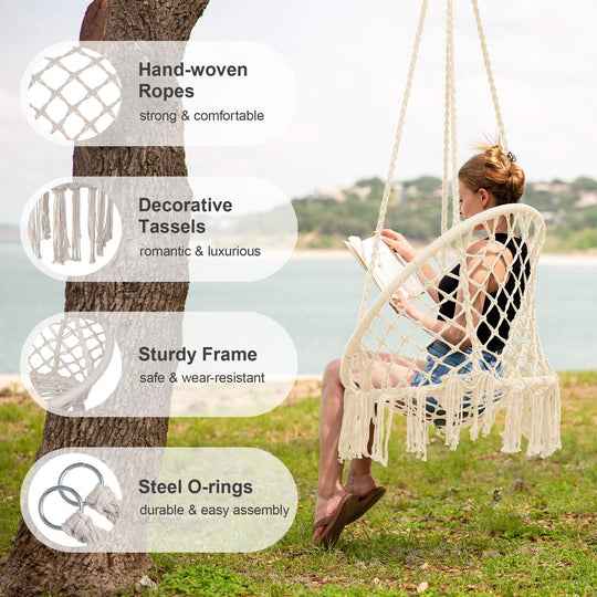 Macrame Cotton Rope Hammock Chair Swing#color_beige