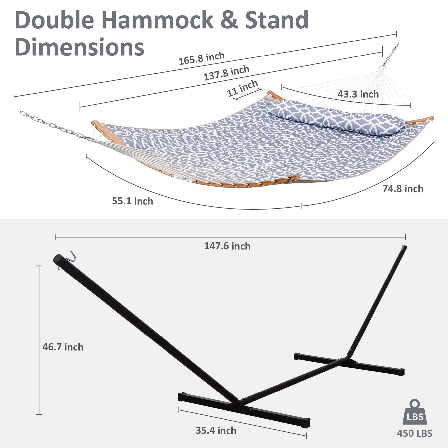 Basic Hammock Double Quilted Hammock with Curved Bamboo Bar and Portable Stand ...