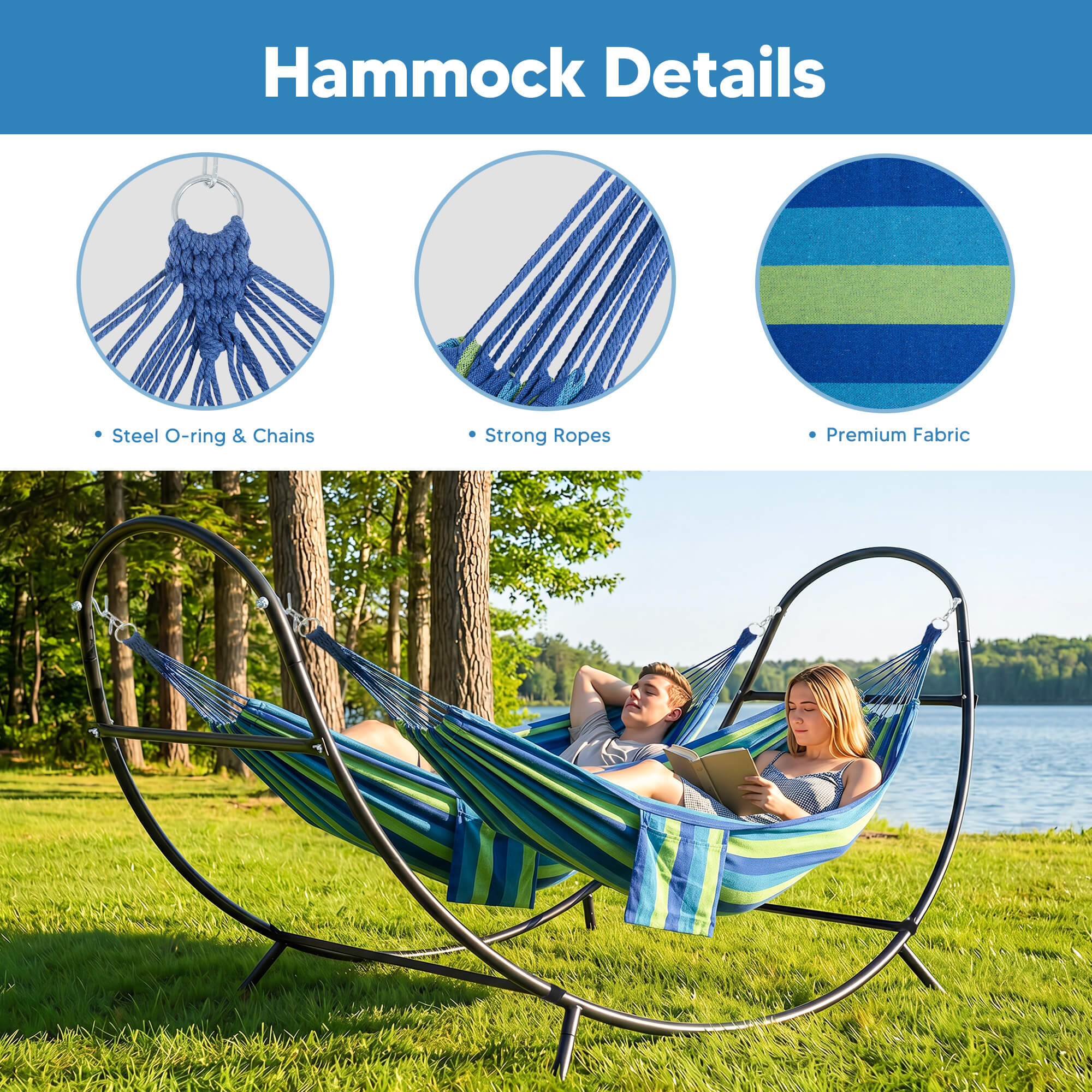 2 Person hammock with stand#color_blue-stripe