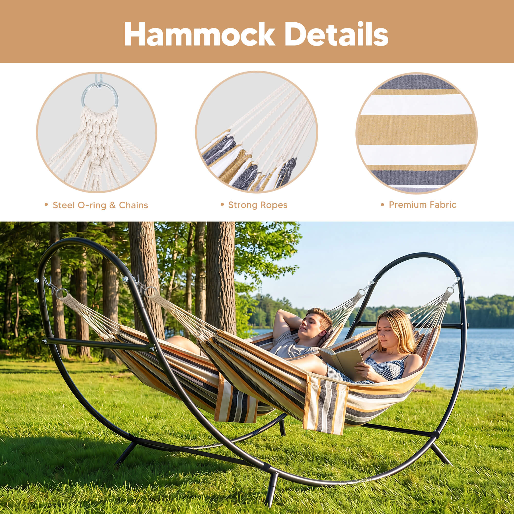 2 Person hammock with stand#color_coffee-stripes