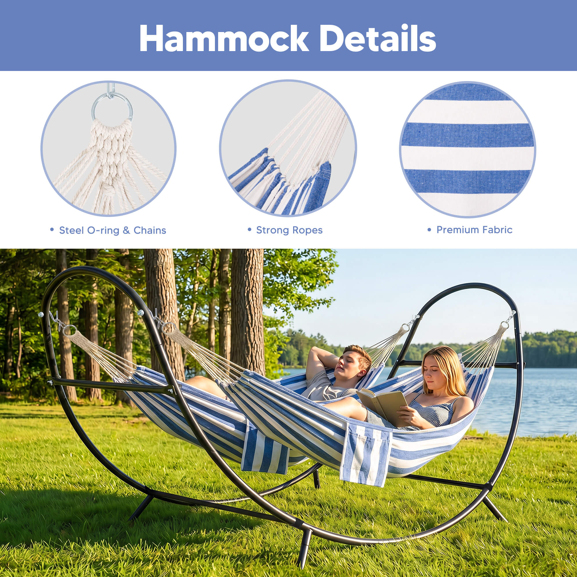 2 Person hammock with stand#color_blue-white-stripes