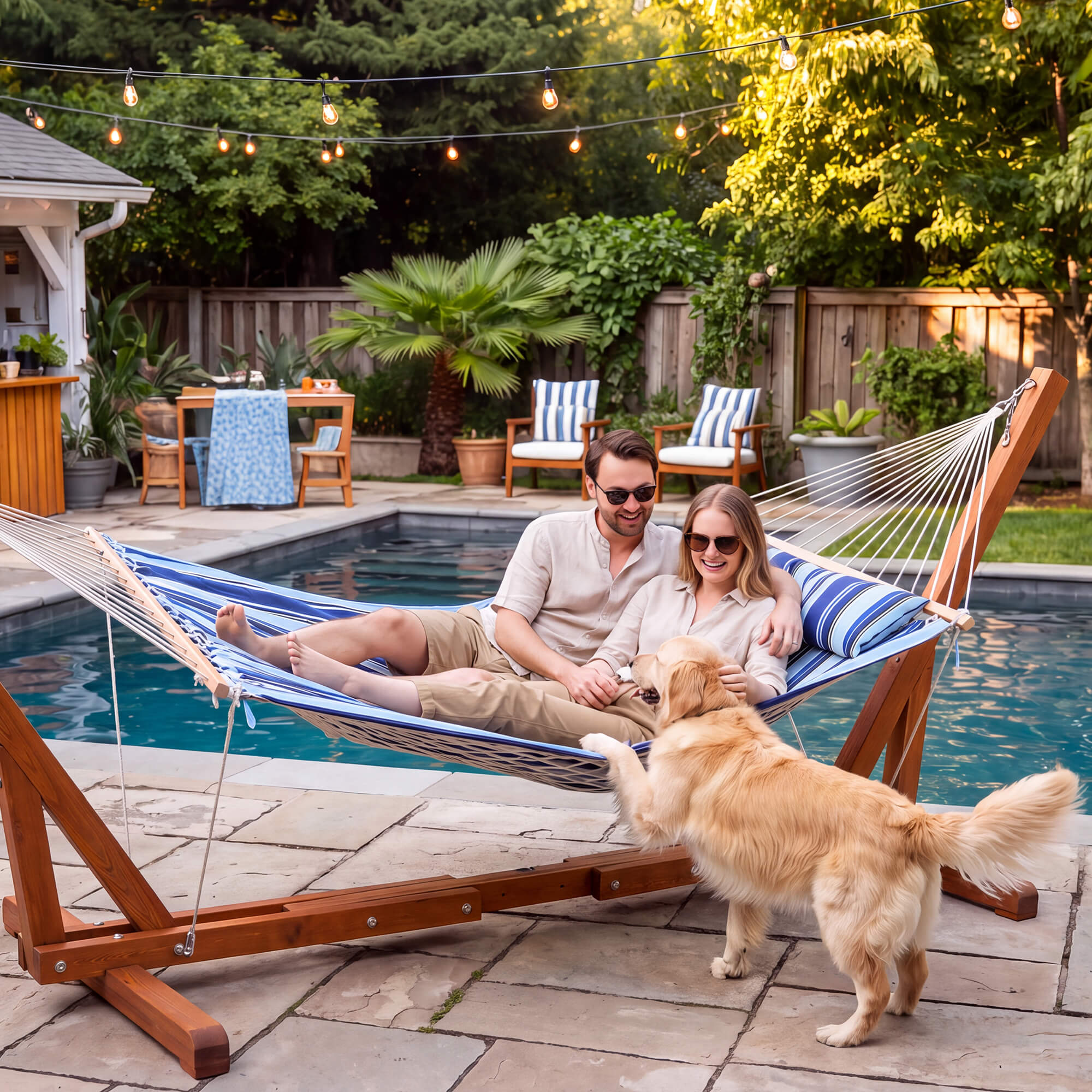 hammock with wood stand#color_blue-stripes