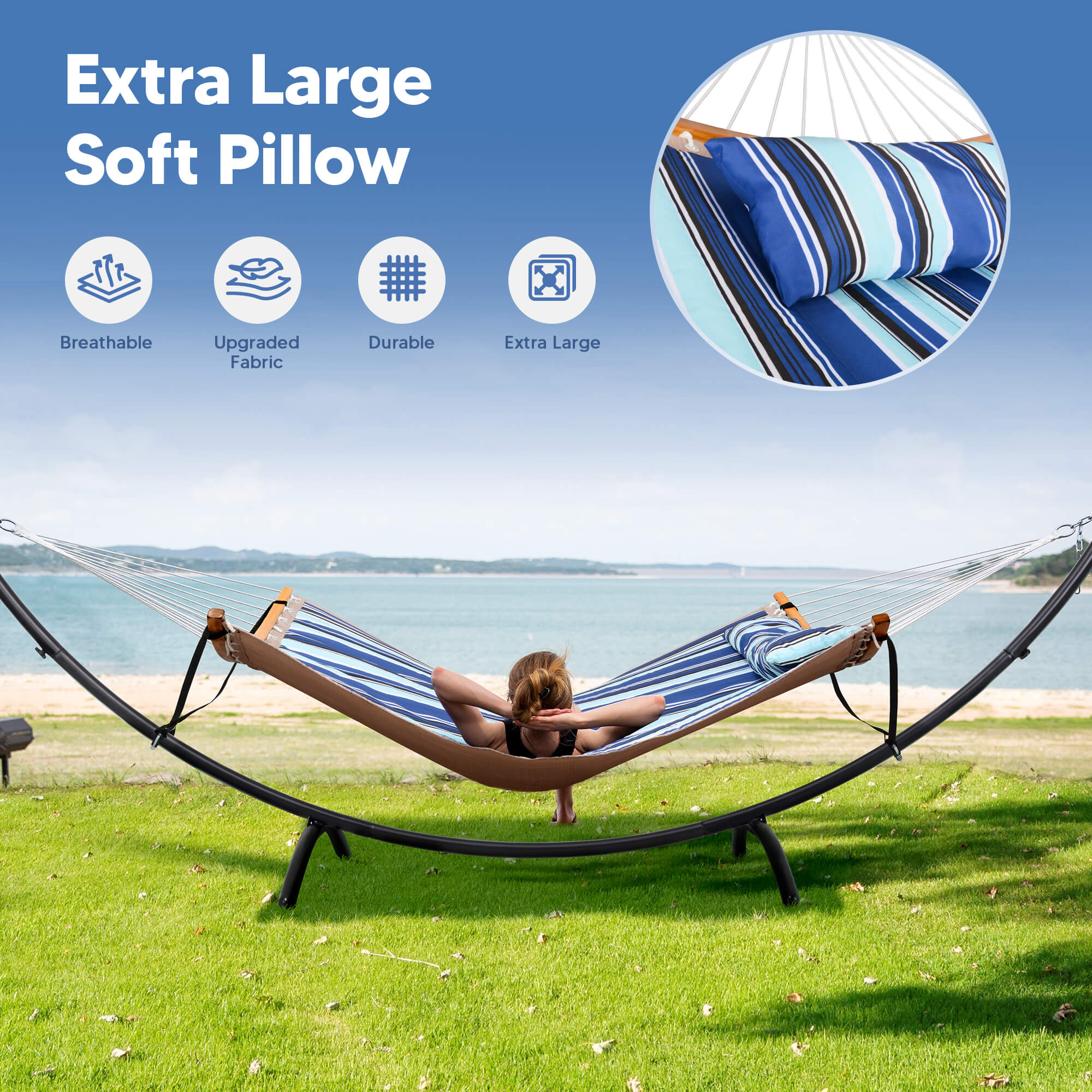 portable hammock with stand#color_blue-stripes