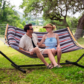 Double Quilted Hammock with Curved Bamboo Bar & Portable Stand |SUNCREAT