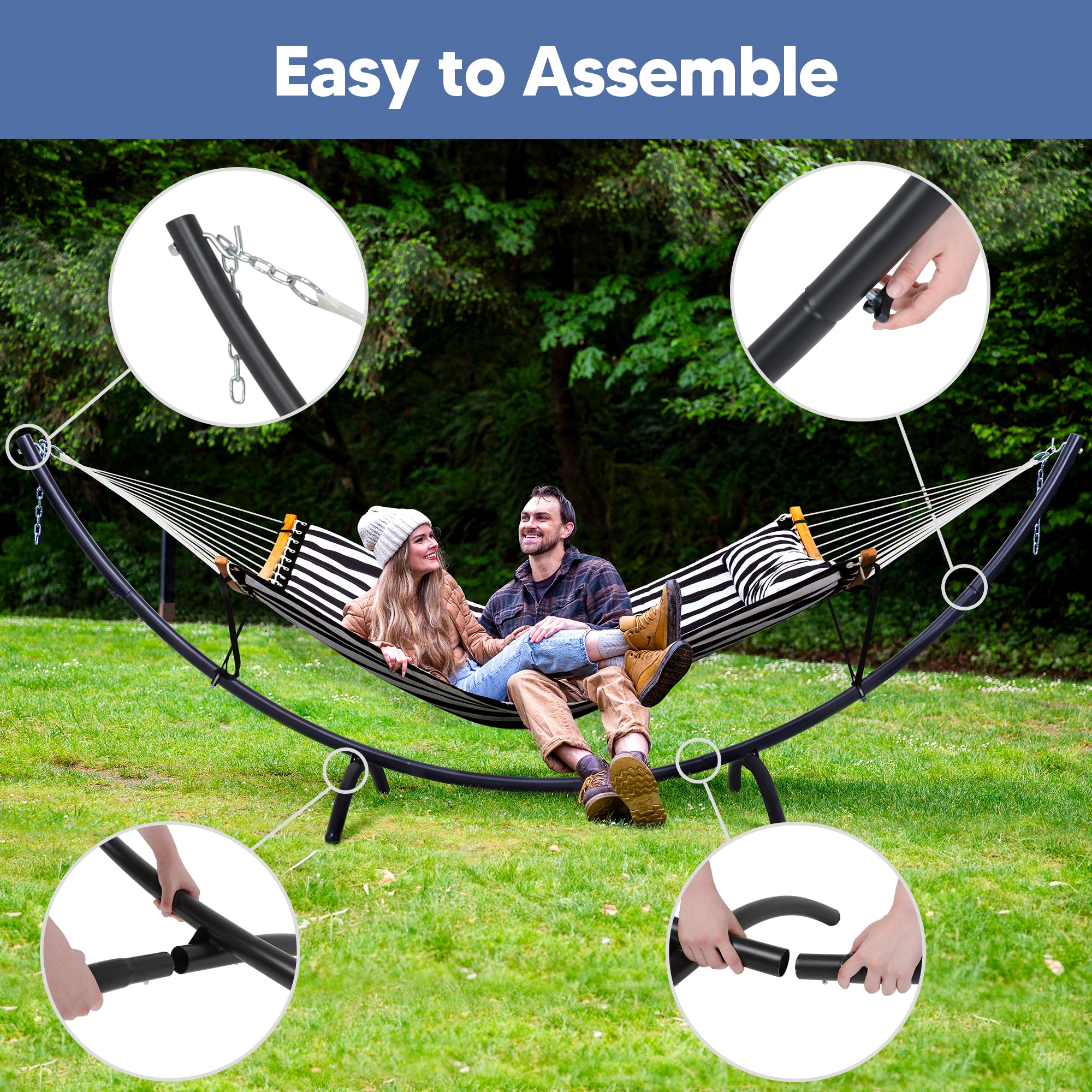 portable hammock with stand#color_black-stripes