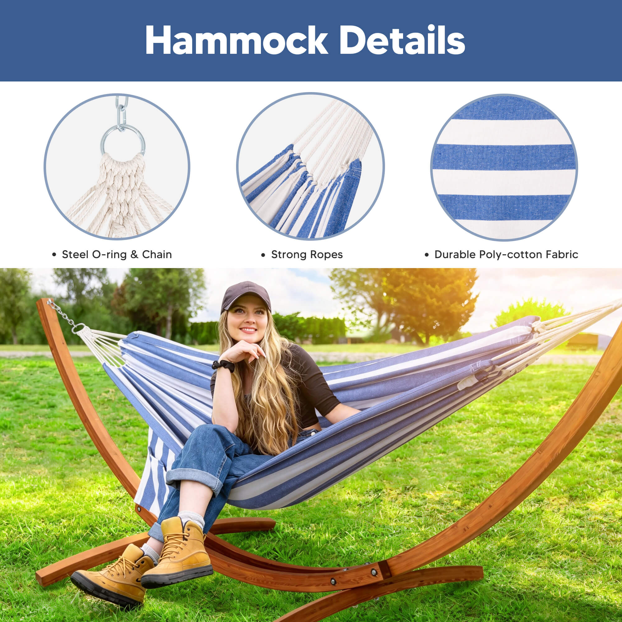 hammock with wooden stand#color_blue-white-stripes