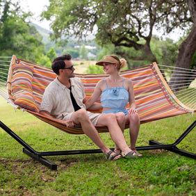 Double Quilted Hammock with Curved Bamboo Bar & Portable Stand |SUNCREAT