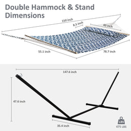 Large Double Quilted Fabric Hammock with 12 Ft Stand, Bars and Pillow |SUNCREAT