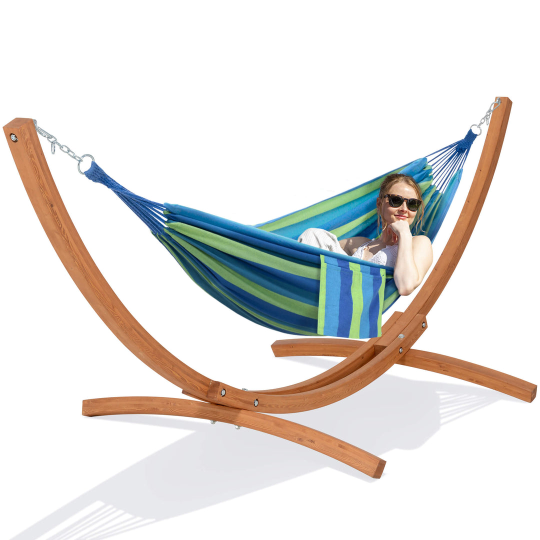 hammock with wooden stand#color_blue-stripe