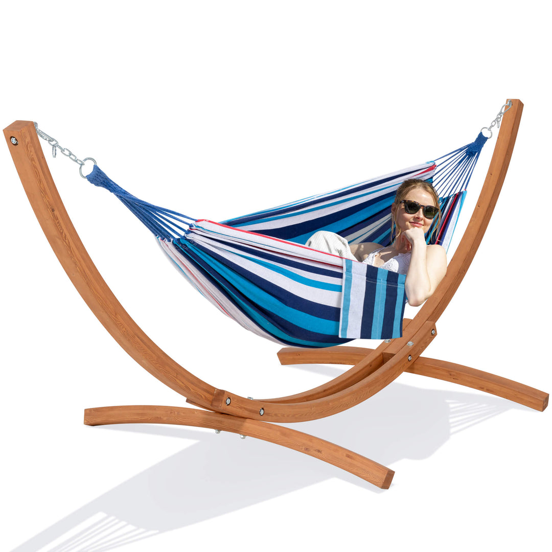 hammock with wooden stand#color_ocean-stripes