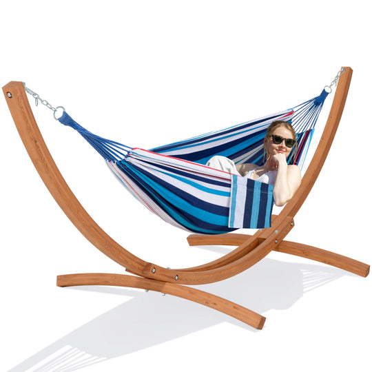 hammock with wooden stand#color_ocean-stripes