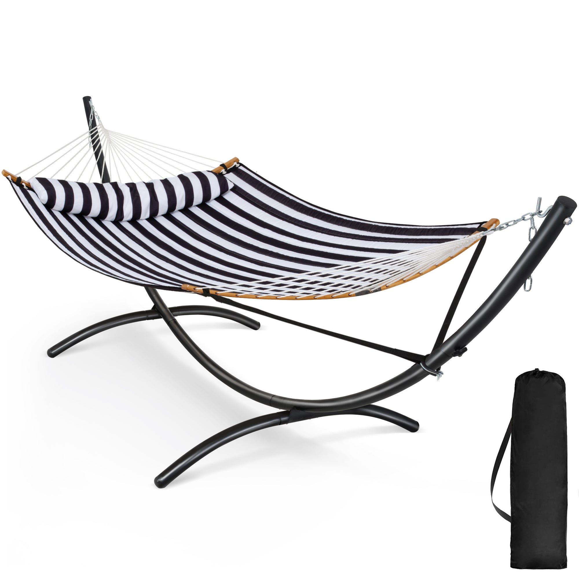 portable hammock with stand#color_black-stripes