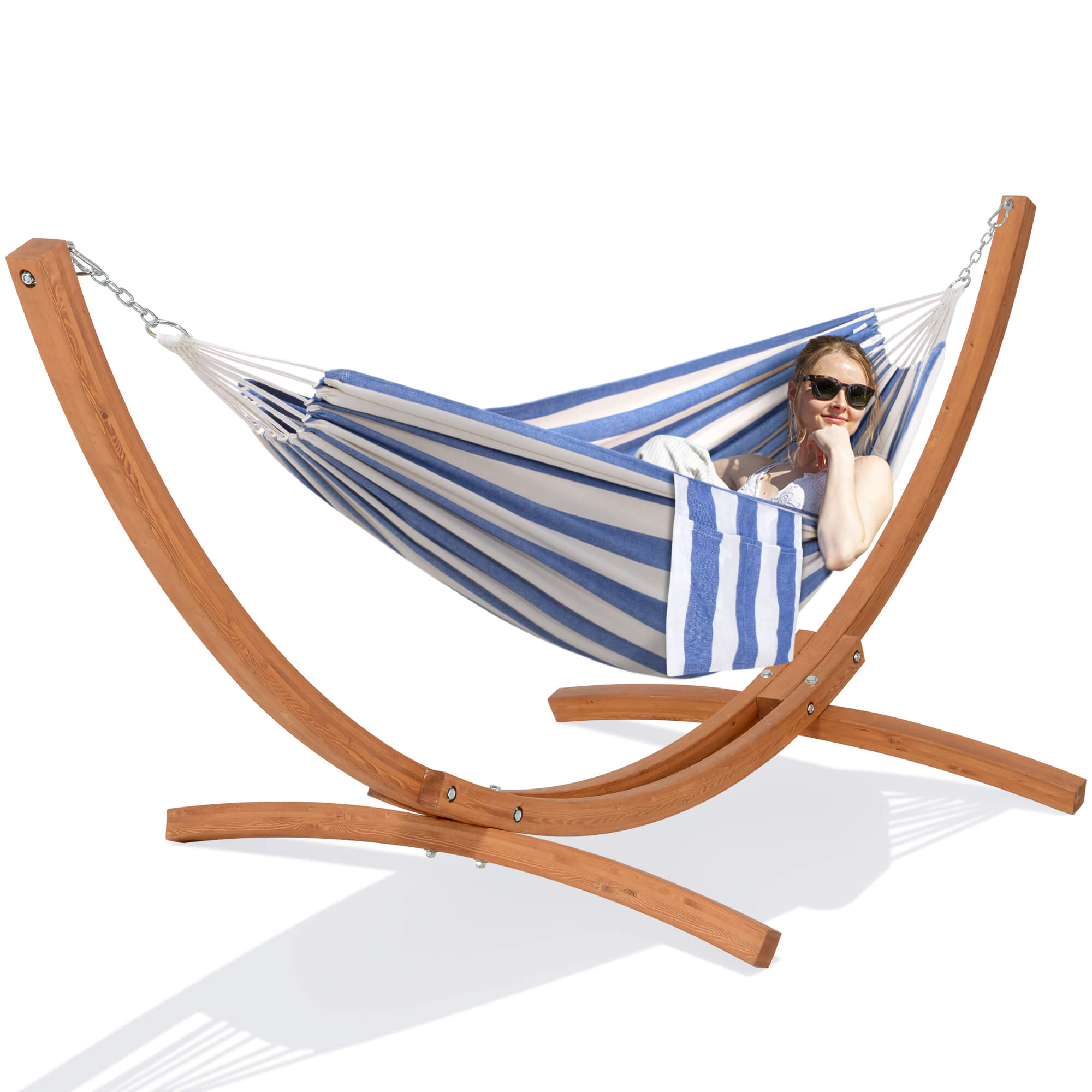 hammock with wooden stand#color_blue-white-stripes