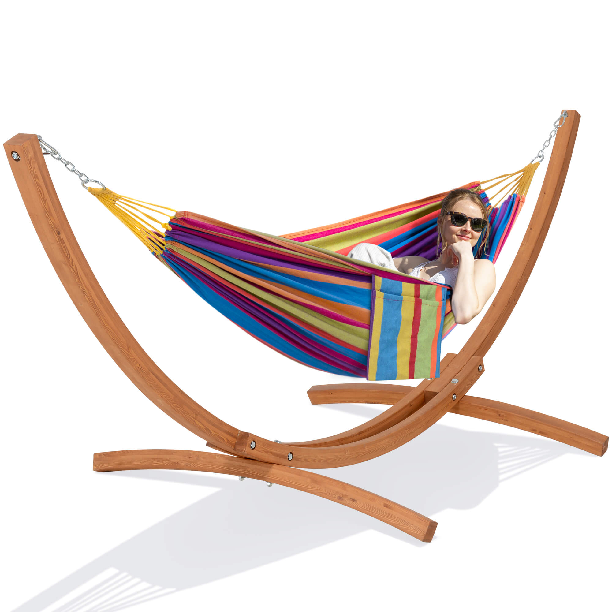 hammock with wooden stand#color_colorful-stripes