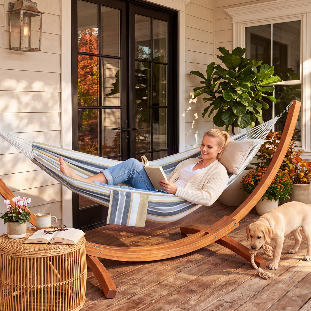 hammock with wooden stand#color_coffee-stripes