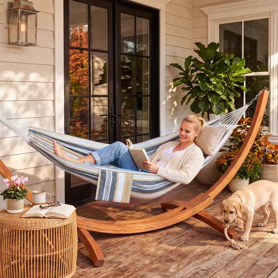 hammock with wooden stand#color_coffee-stripes