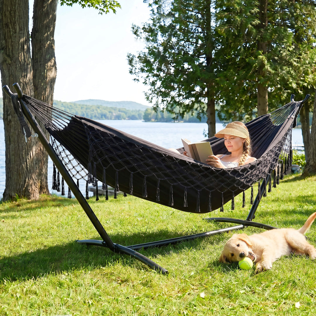 hammock with stand#color-h_dark-with-tassels