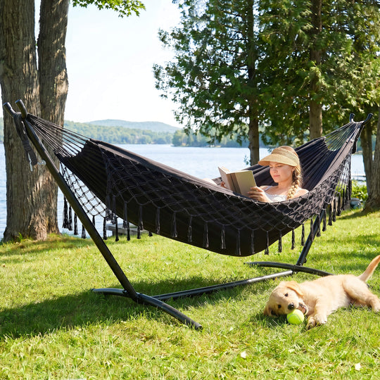 hammock with stand#color-h_dark-with-tassels