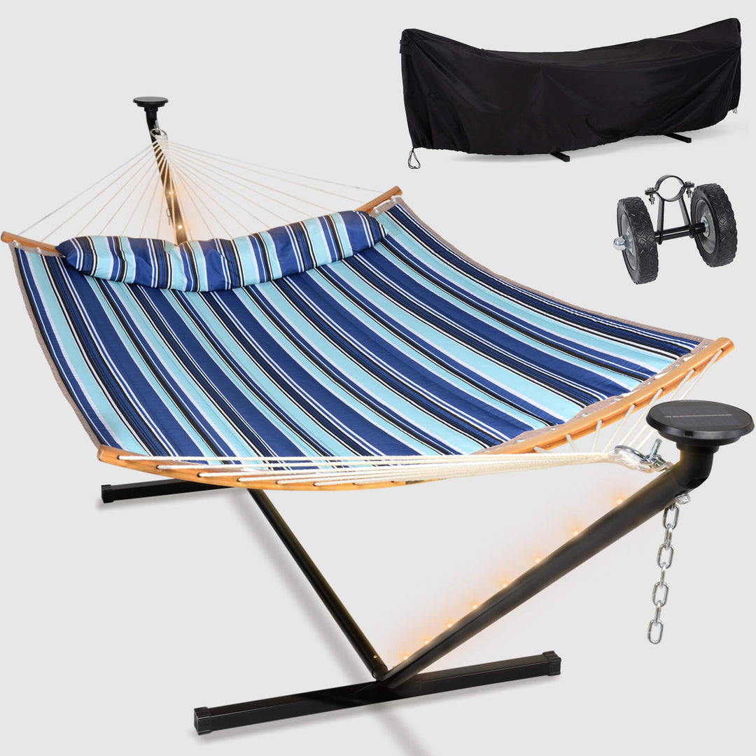 double hammock with stand  #color_blue-stripes#options_combo-cover-wheel-$244.99-save-40%