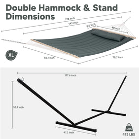 Large Double Quilted Fabric Hammock with 12 Ft/15 Ft Stand & Pillow |SUNCREAT