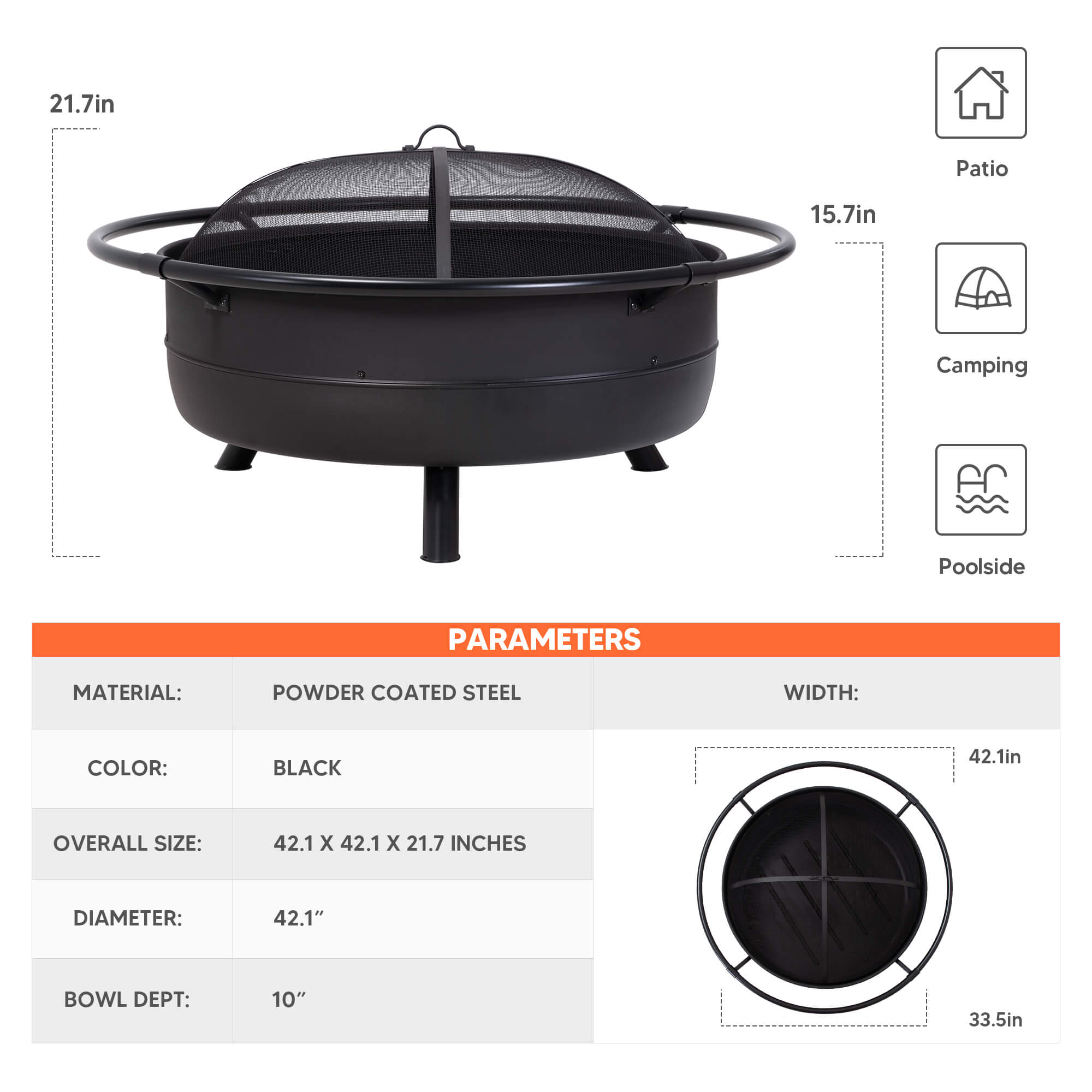 Outdoor Bonfire Wood Burning Fire Pit with Grill and Fireplace Poker#size_42inch-3