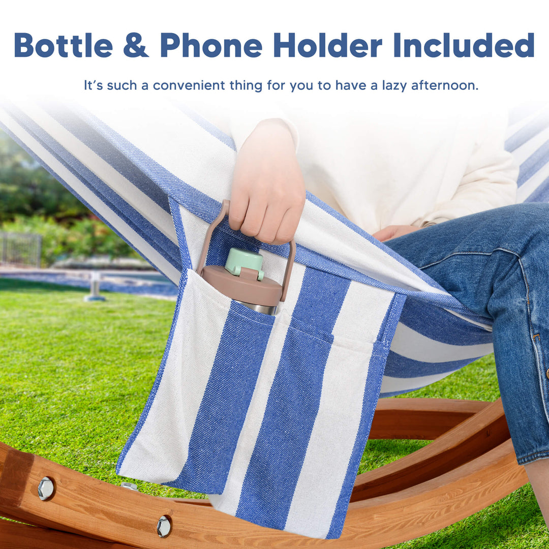 hammock with wooden stand#color_blue-white-stripes