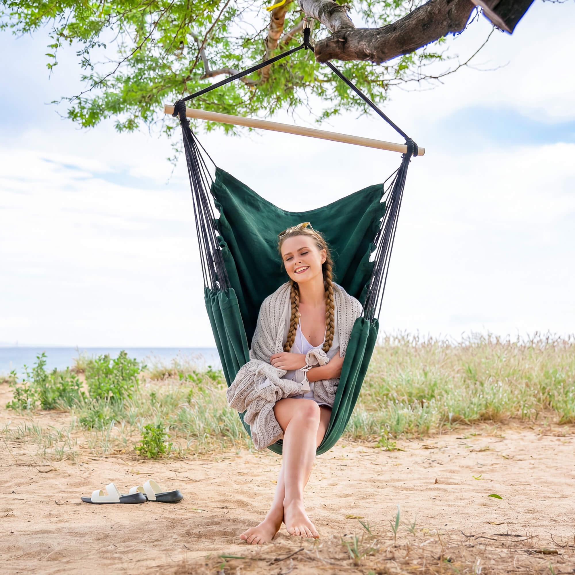 SUNCREAT Hammock Chair White#color_dark-green