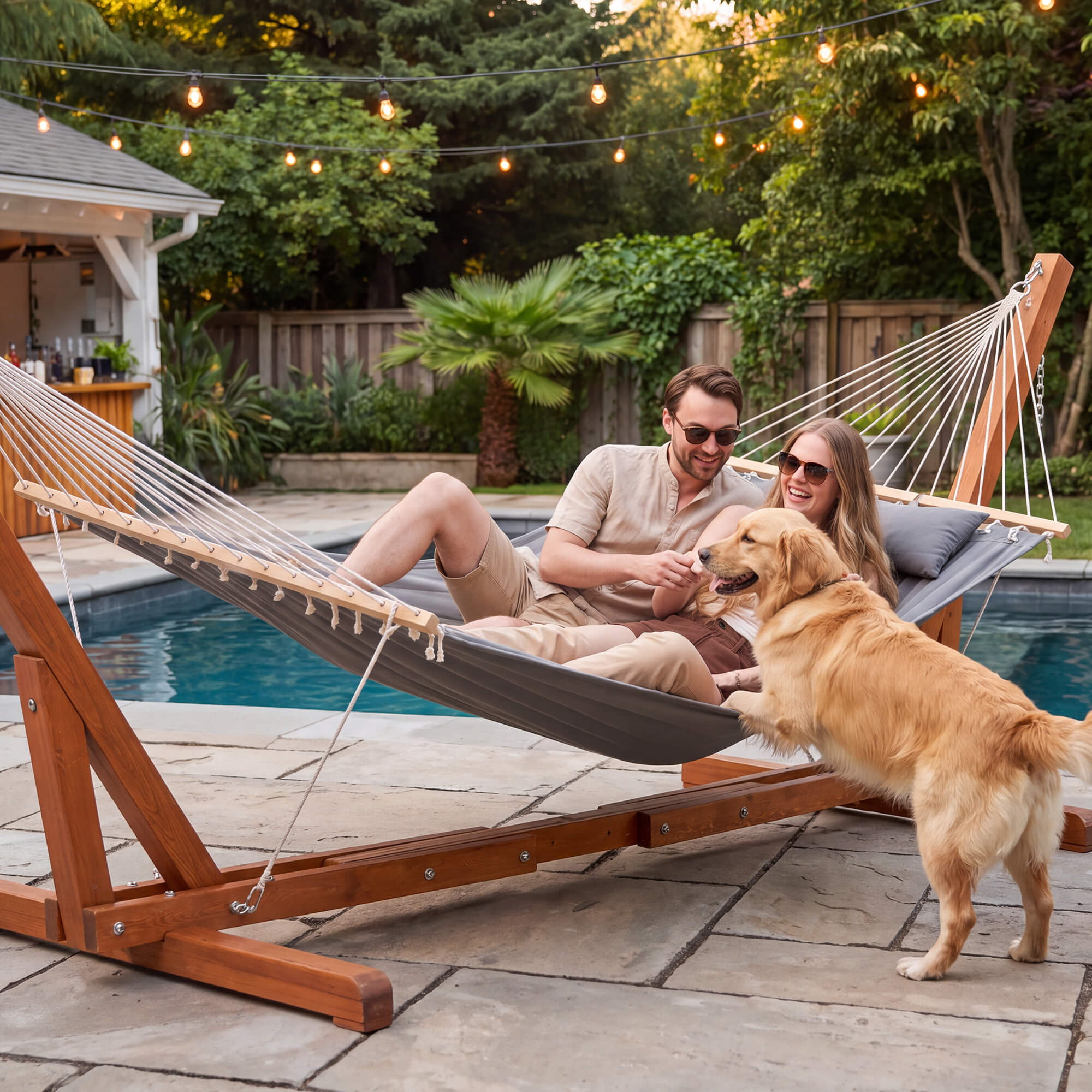 hammock with adjustable wood stand#color_gray