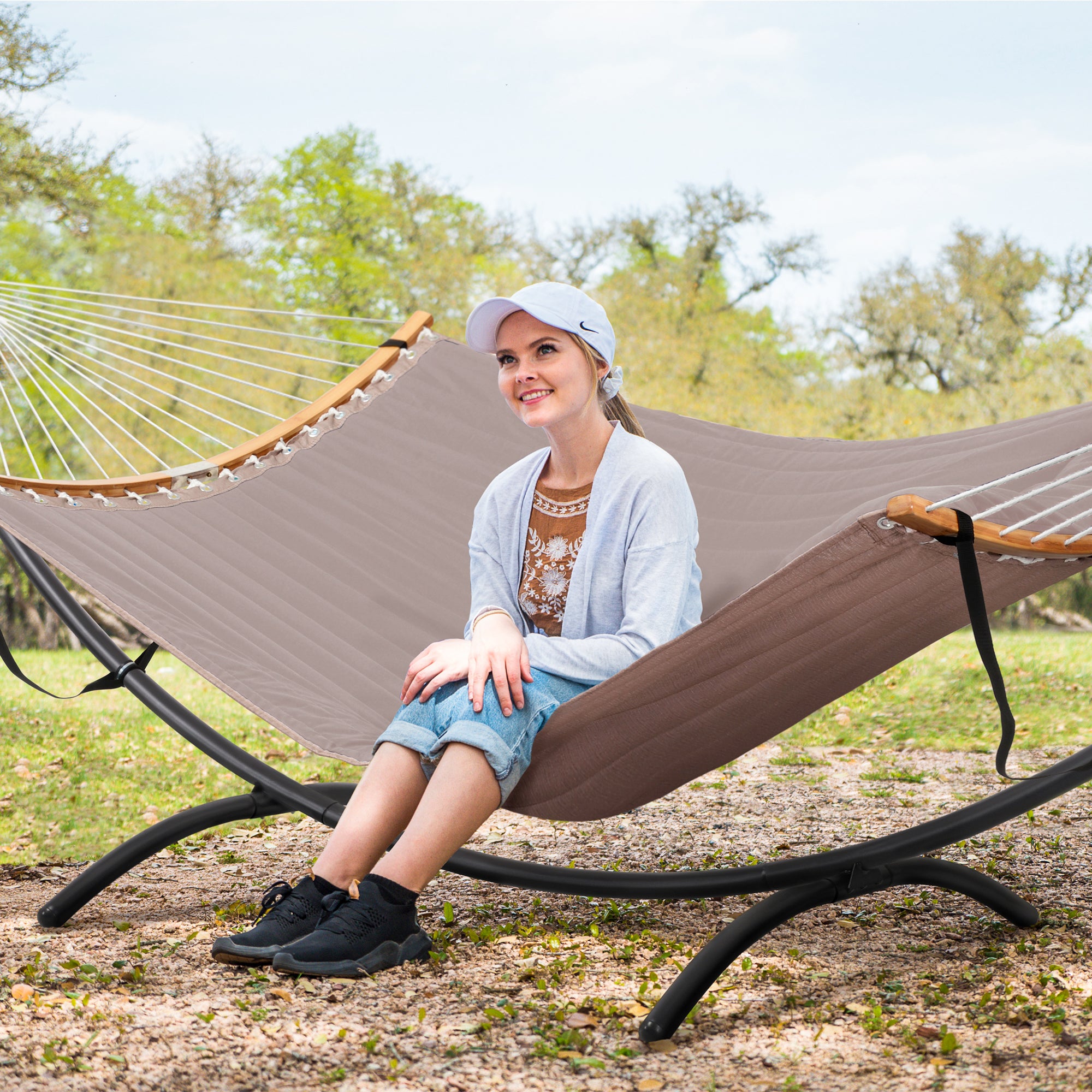 portable hammock with stand#color_brown-gray