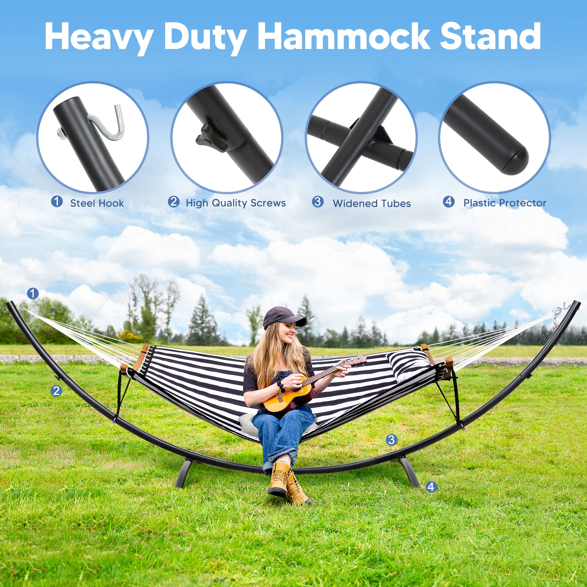 portable hammock with stand#color_black-stripes