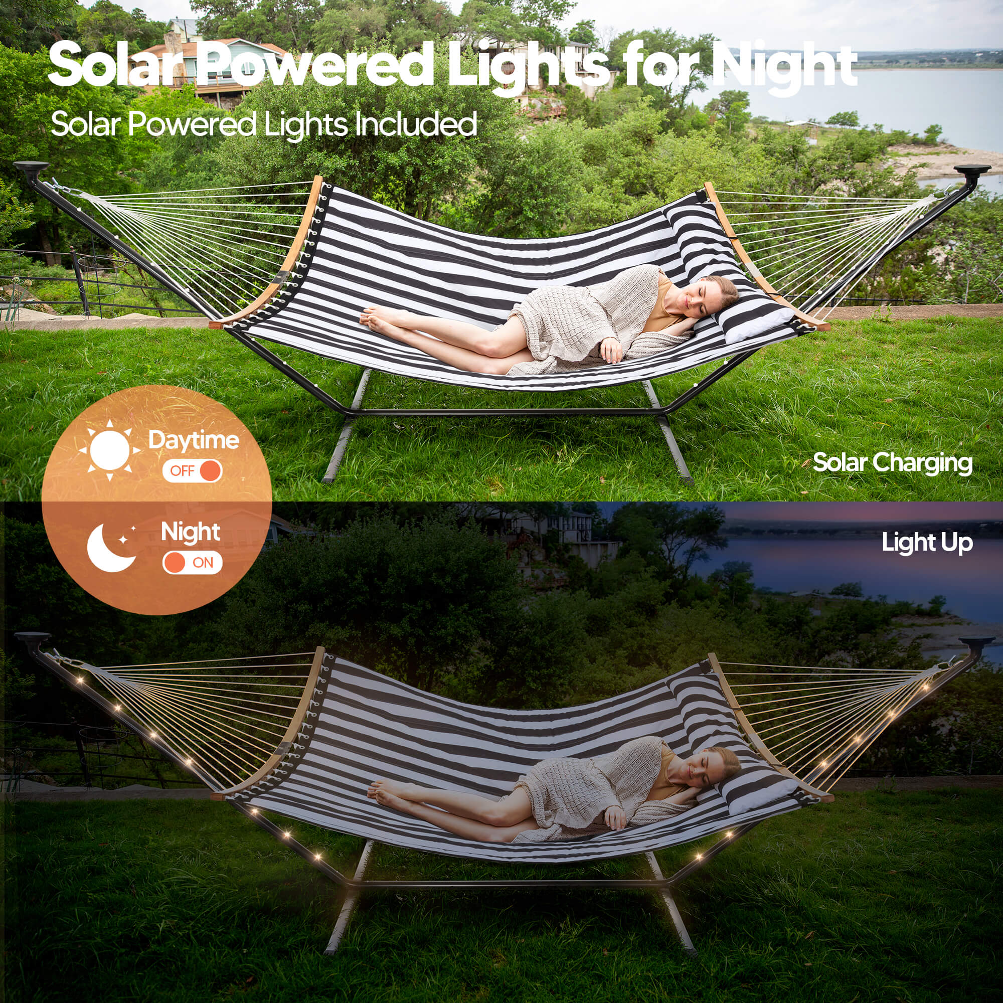 double hammock with stand  #color_black-stripes