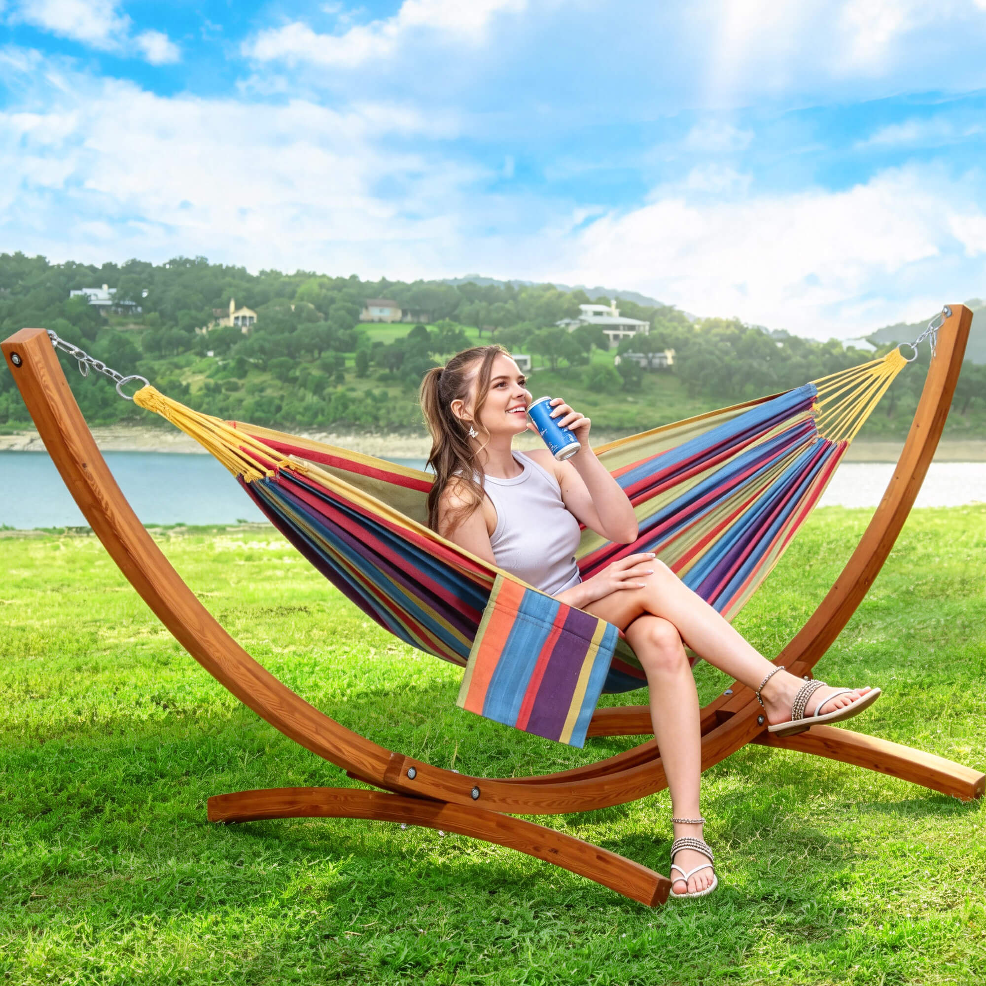 hammock with wooden stand#color_colorful-stripes