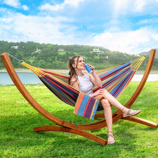 hammock with wooden stand#color_colorful-stripes