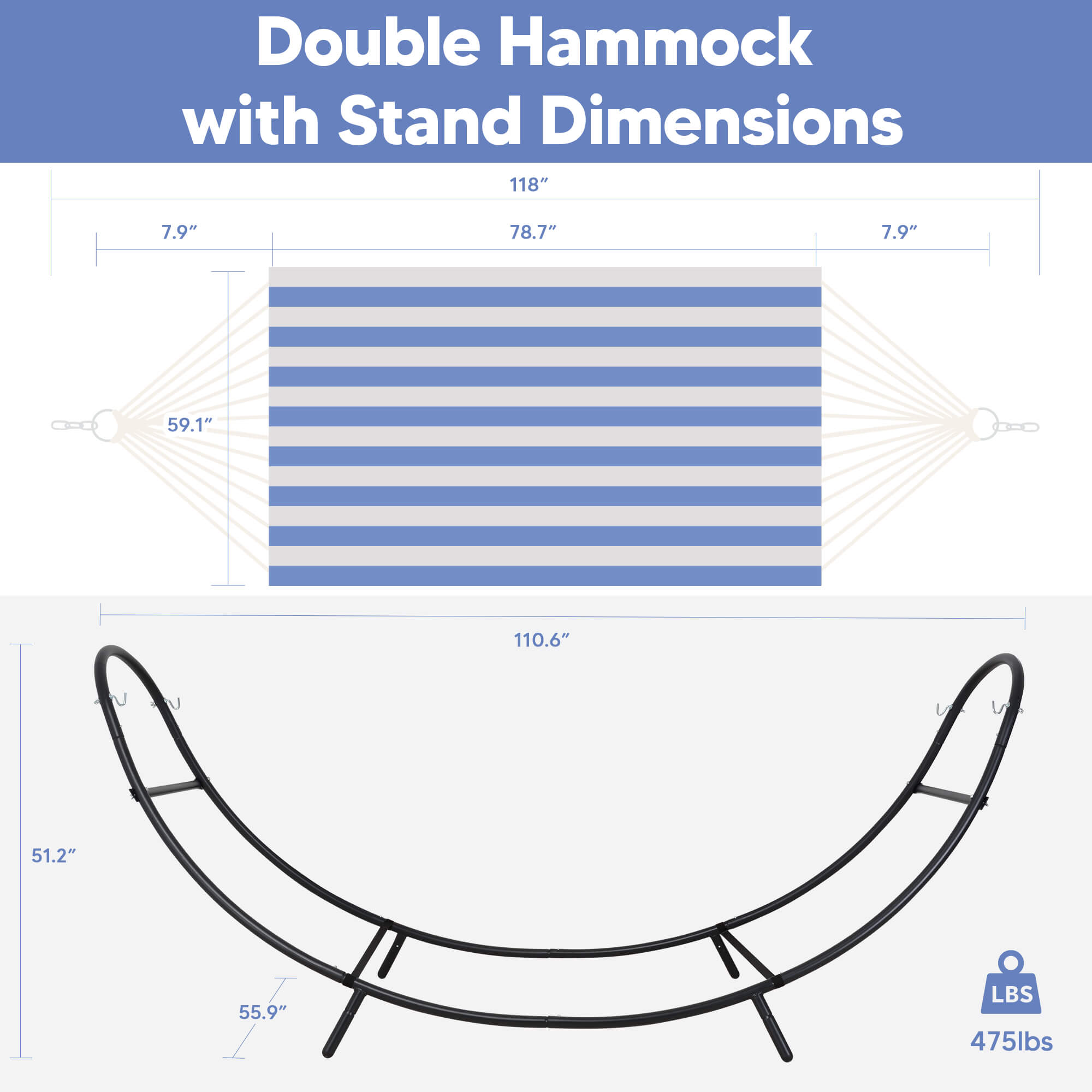 2 Person hammock with stand#color_blue-white-stripes