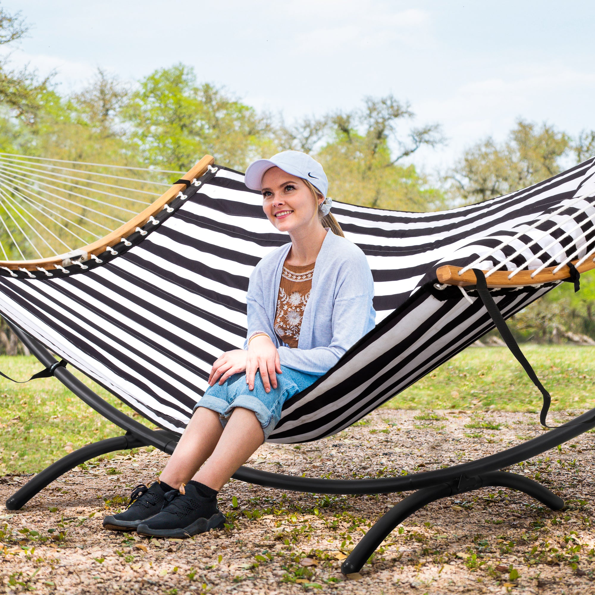 portable hammock with stand#color_black-stripes
