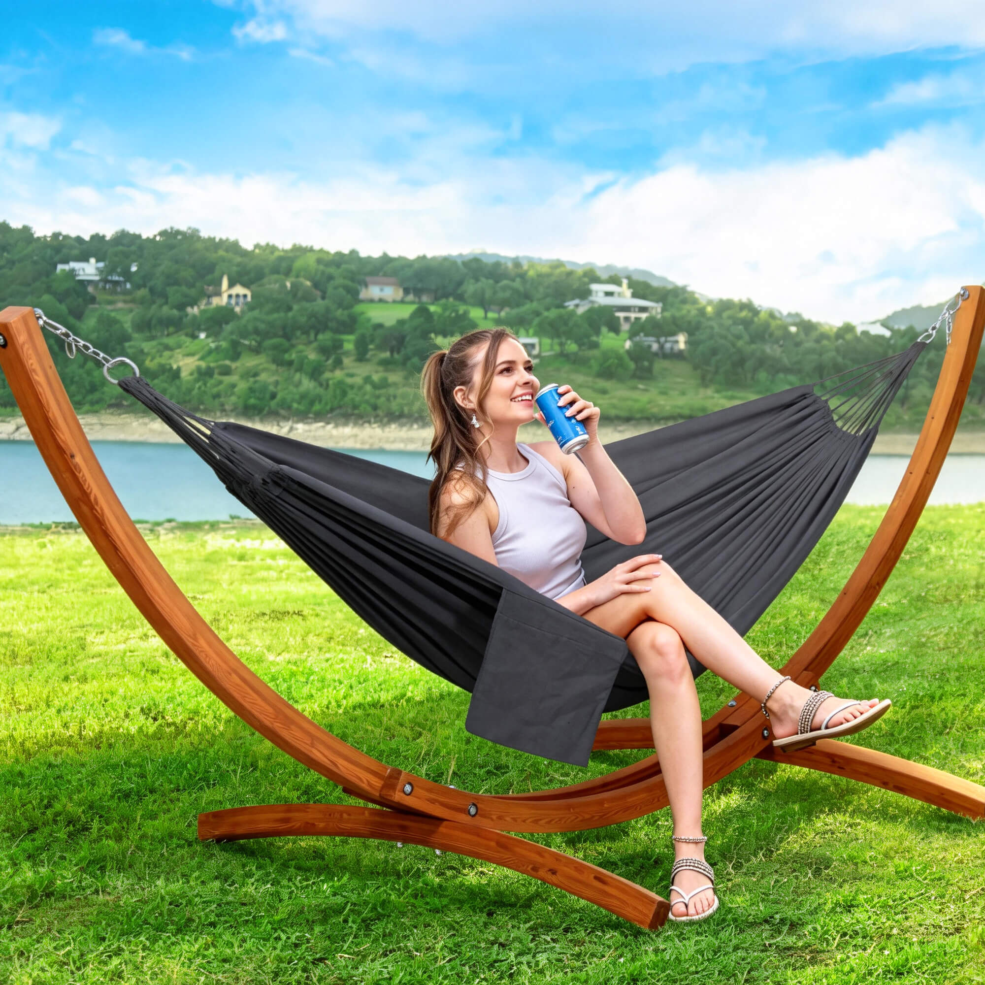 hammock with wooden stand#color_dark-gray