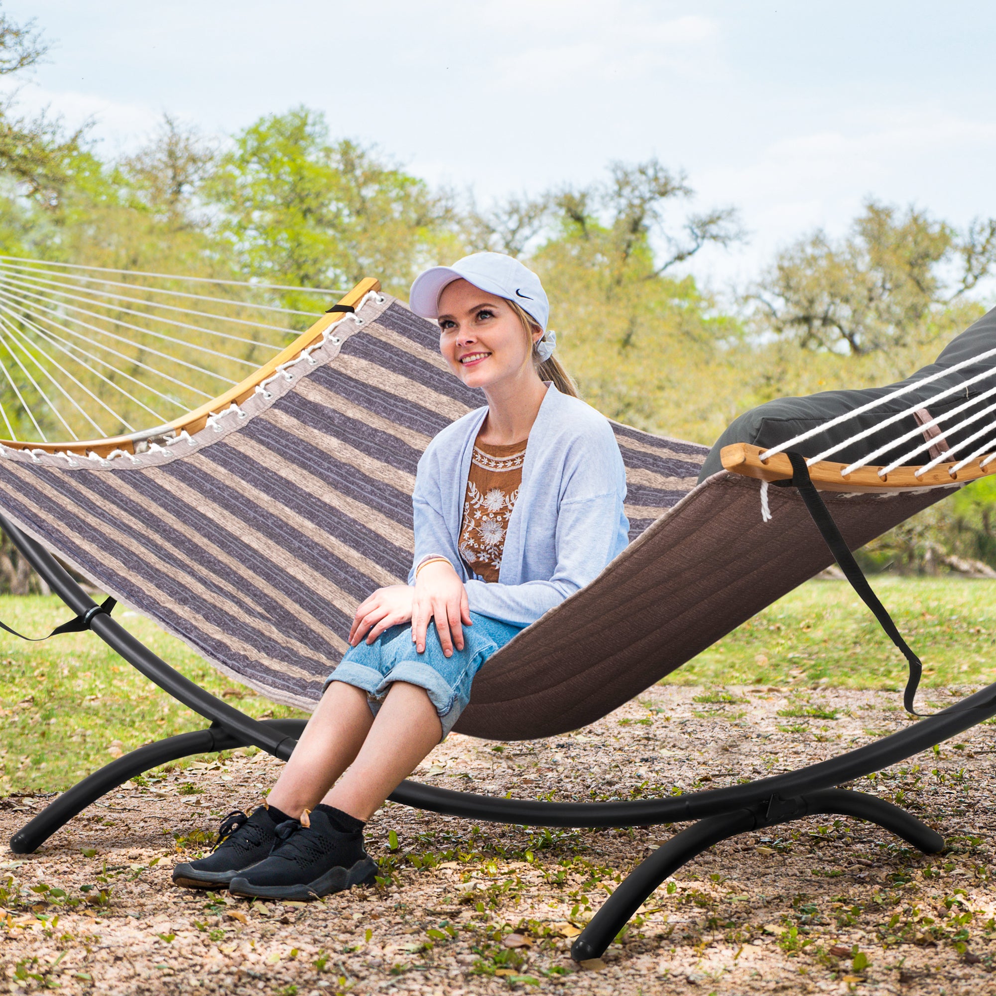 portable hammock with stand#color_dark-gray-stripes