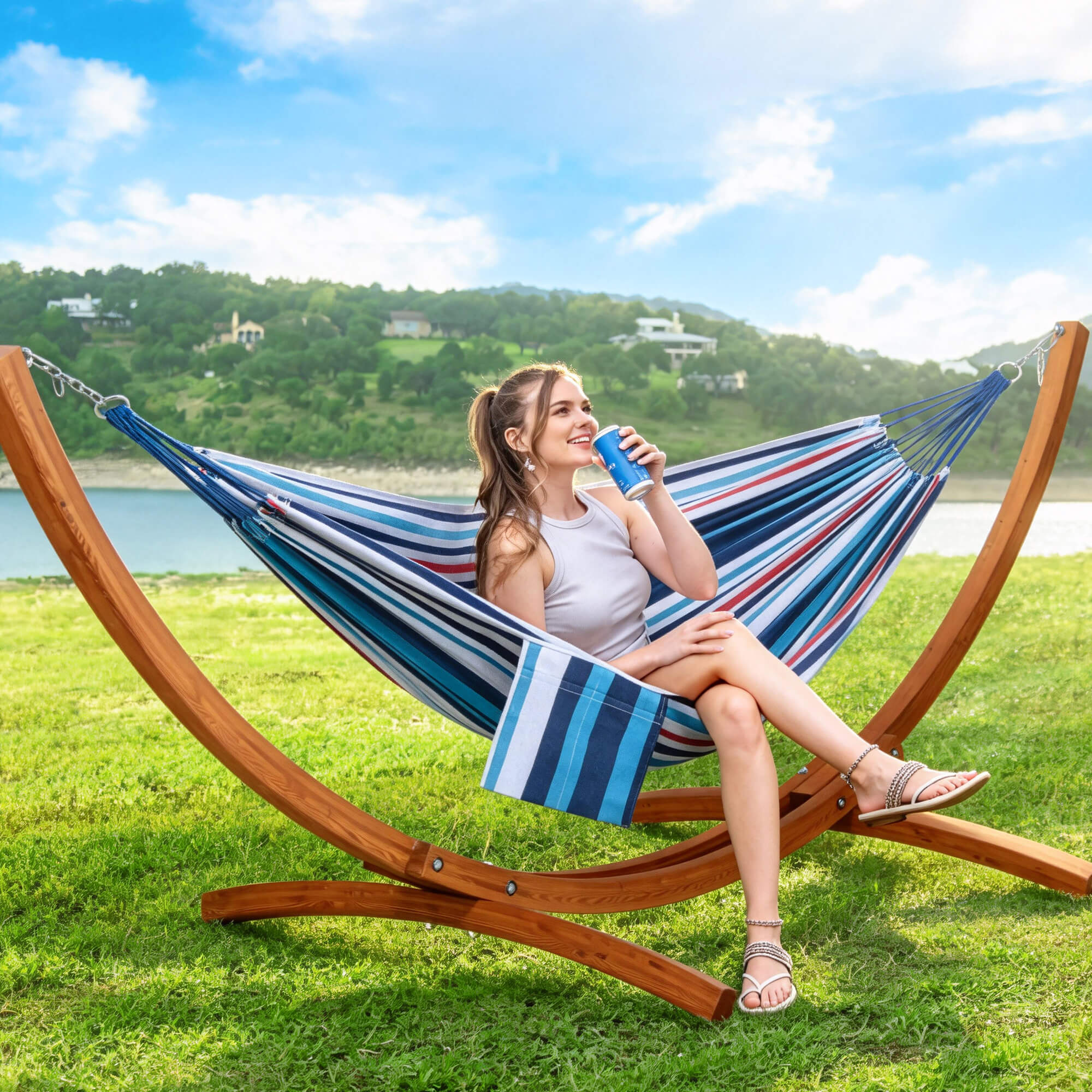 hammock with wooden stand#color_ocean-stripes