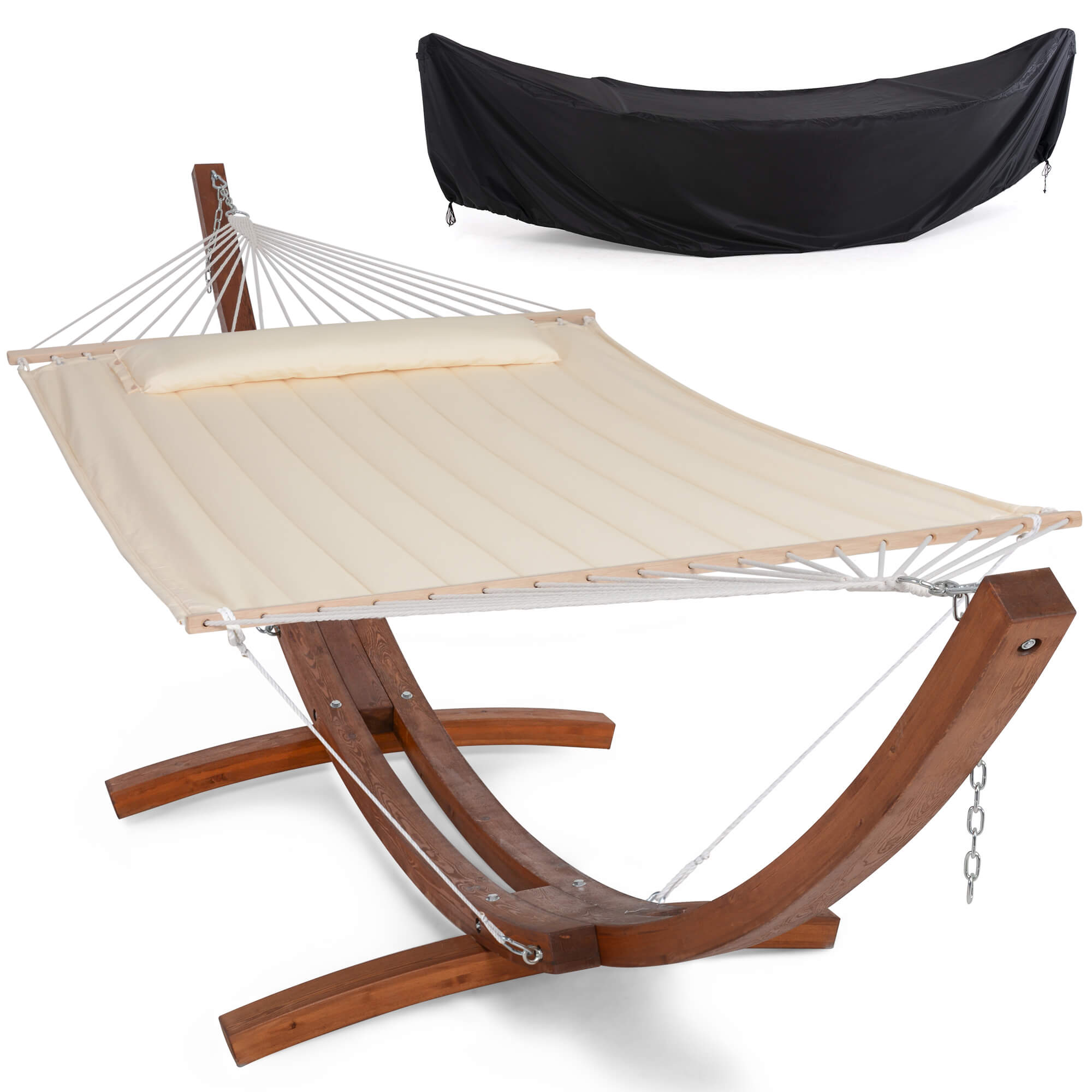 Large Double Hammock with 14 Ft Wooden Arc Stand and Protective Cover | SUNCREAT