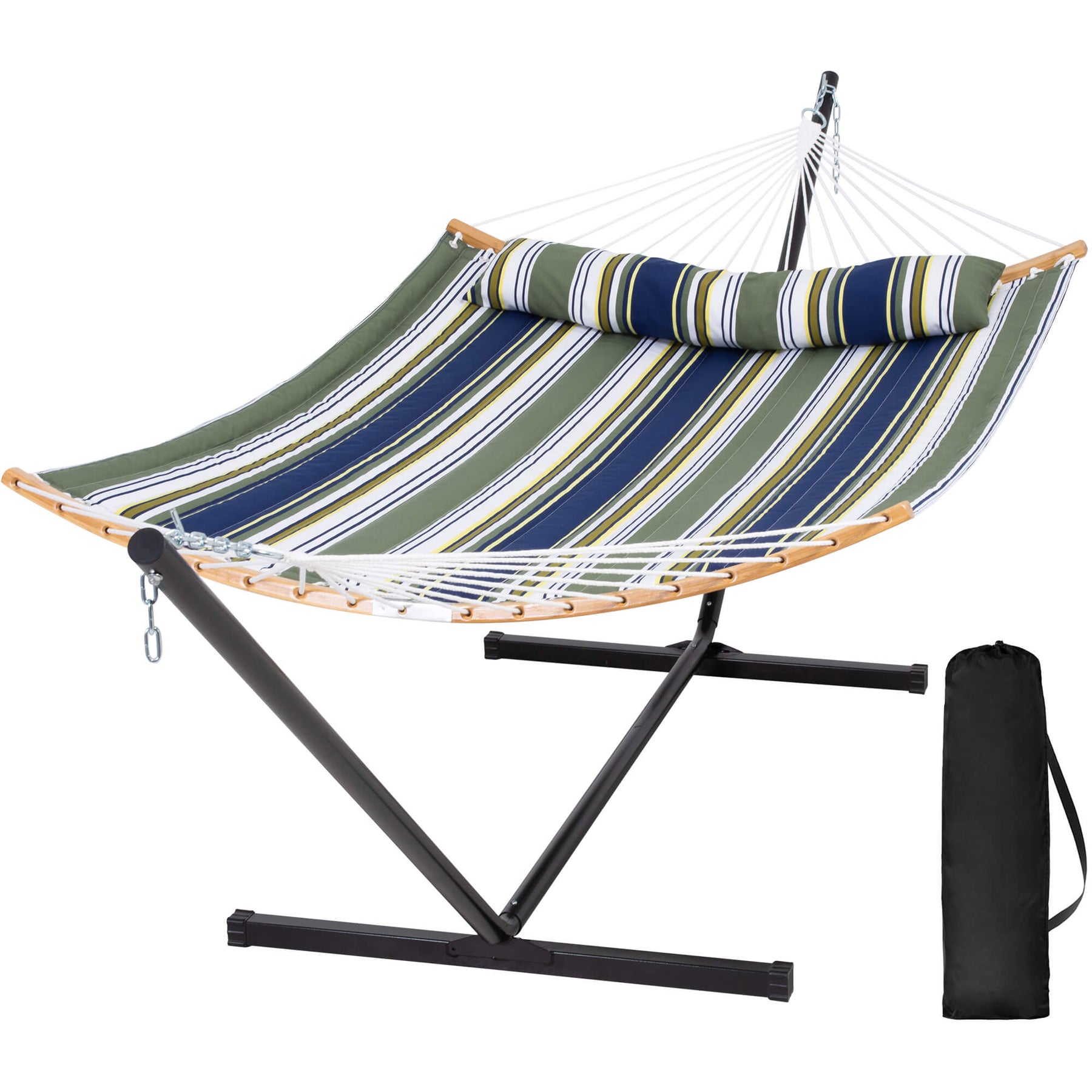 Basic Hammock Double Quilted Hammock with Curved Bamboo Bar and Portable Stand ...