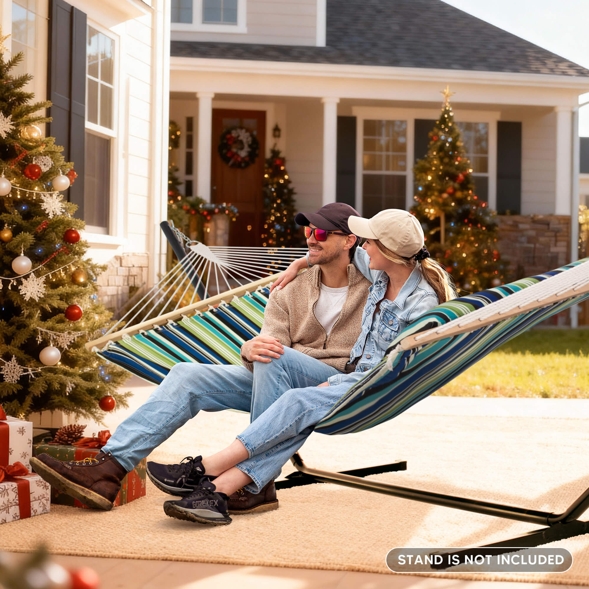 SUNCREAT Quilted Fabric Hammock, Green Stripes#color_blue-aqua